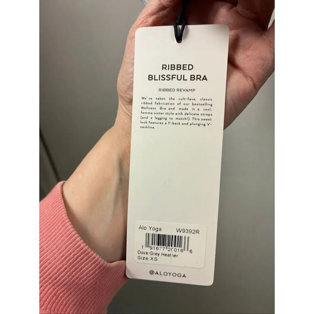 ALO Yoga NWT Ribbed Blissful Bra in Dove Grey Heather Size XS